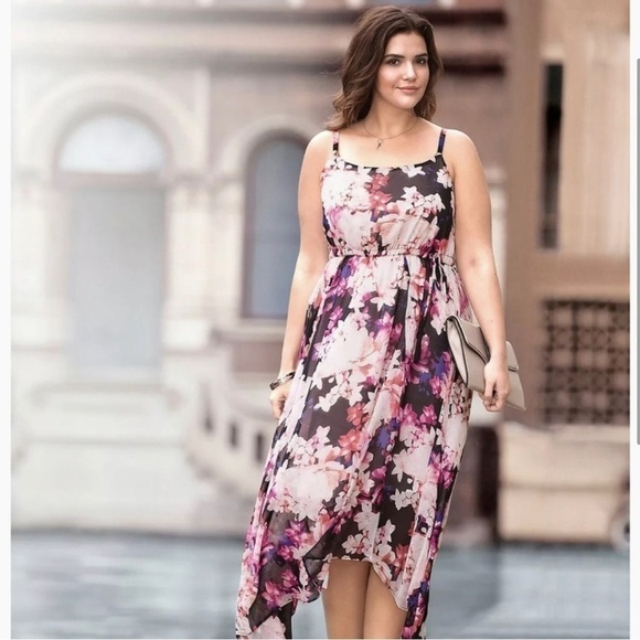 NWT Lane Bryant Black Floral Shoulder Strap Asymmetric Midi Dress Sz 18/20 - Picture 1 of 7